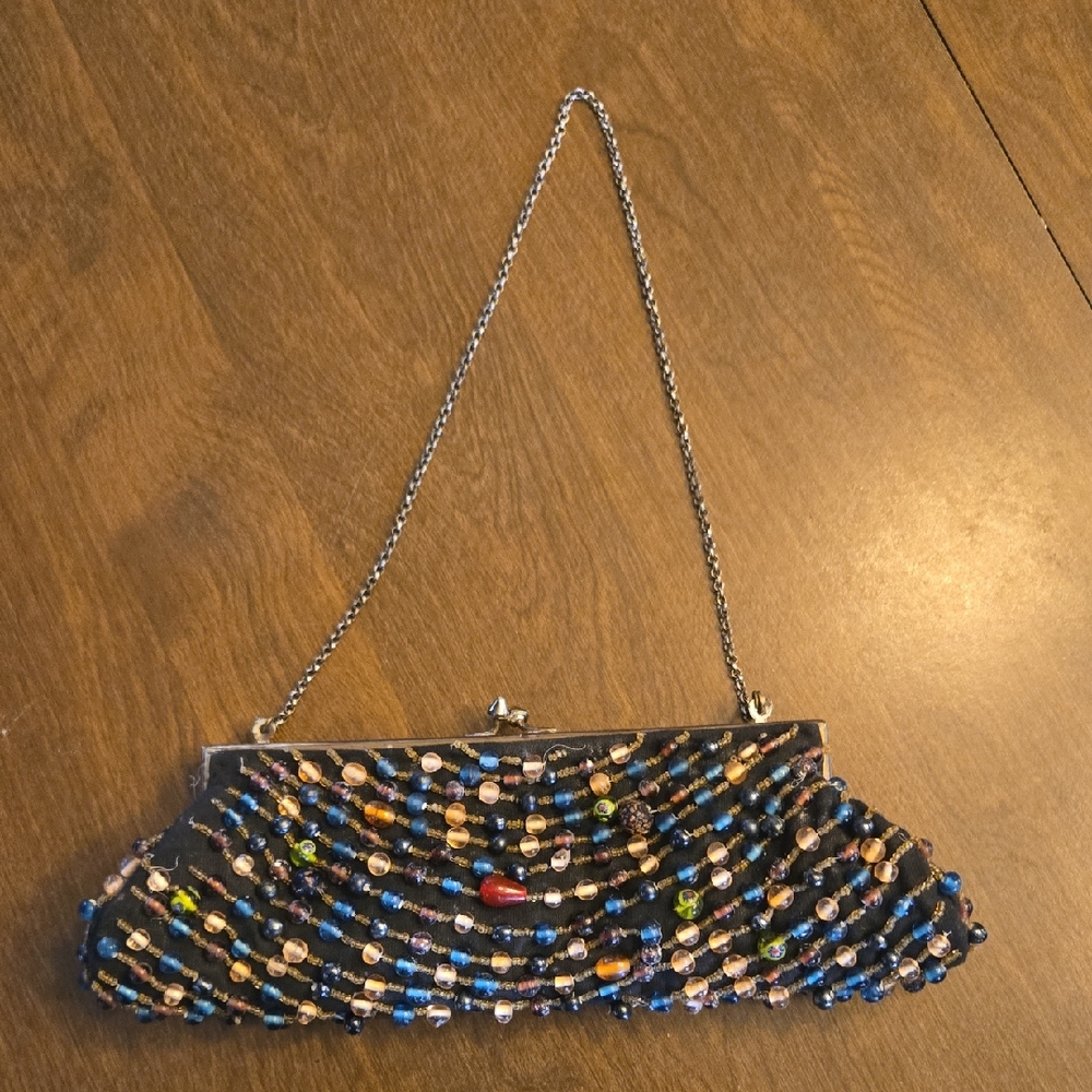 Multicolor Beaded Clutch with Chain Strap